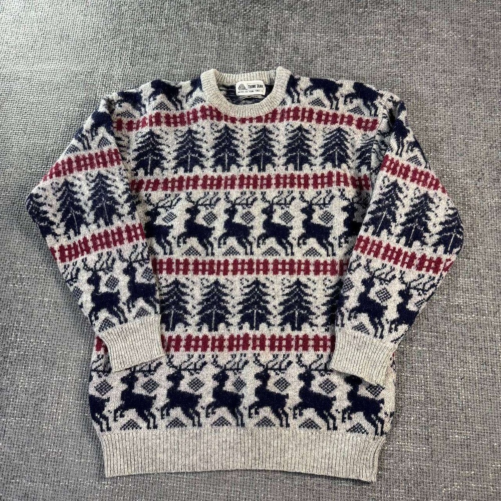 Think Tank Reindeer Fair Isle Wool Sweater Mens XL Gray Navy 90s Vintage